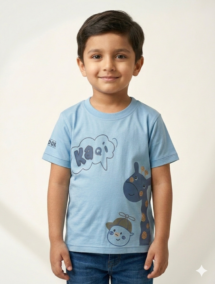 Boys' Fun Giraffe Graphic Cotton T-Shirt Set in Vibrant Red Yellow and Sky Blue