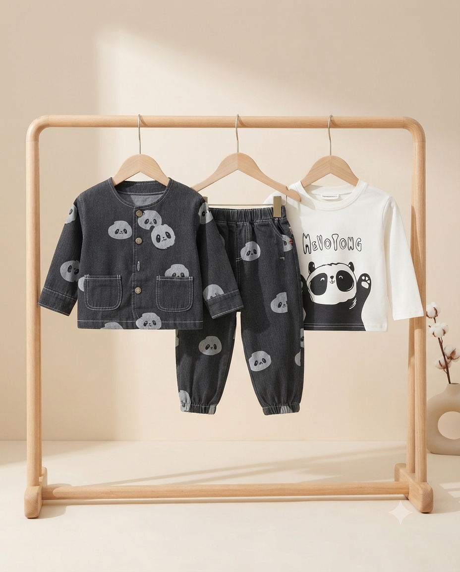 Kids Panda Print Denim Jacket And Trousers Set With Matching Long Sleeve Top
