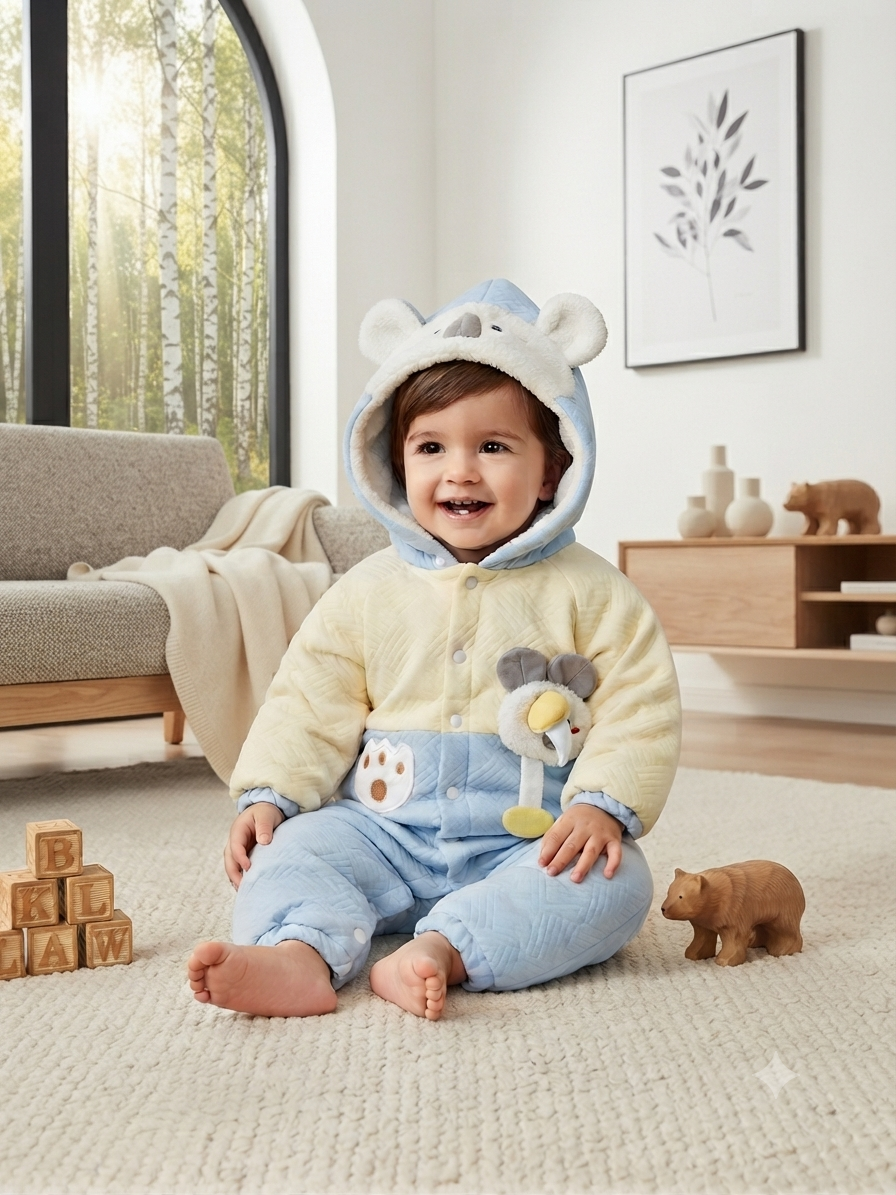 Cute Yellow Koala Hooded Baby Romper Warm Fleece Winter Jumpsuit For Toddler Boys And Girls