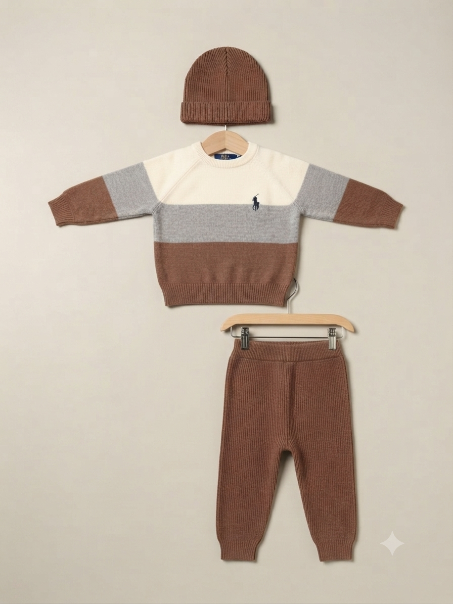 Kids Stylish Colorblock Knit Sweater Full Length Trousers And Matching Beanie Hat Set