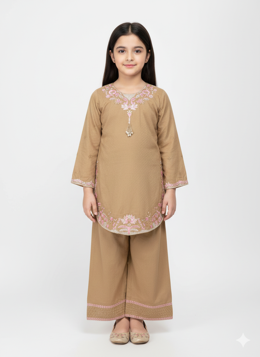 Elegant Girls Embroidered Two-Piece Kurta Set - Floral Neckline Design in Khaki and Jet Black