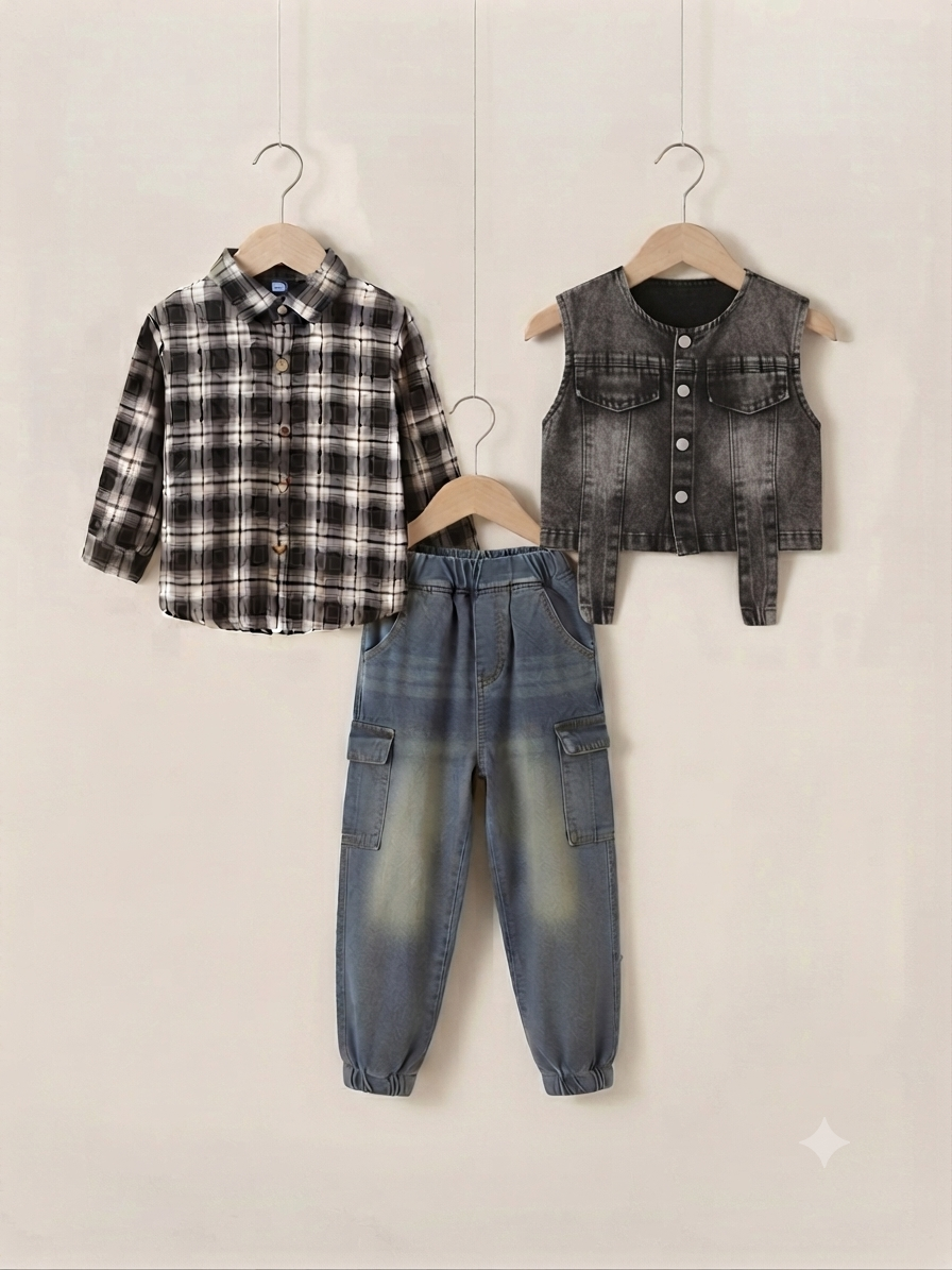 Stylish Kids 3-Piece Outfit Set With Denim Vest Plaid Shirt And Cargo Pants