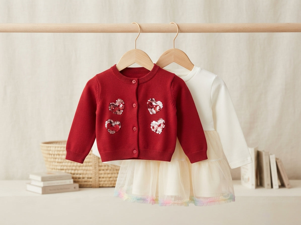 Stylish Kids Two Piece Sequin Heart Cardigan And Tulle Dress Set
