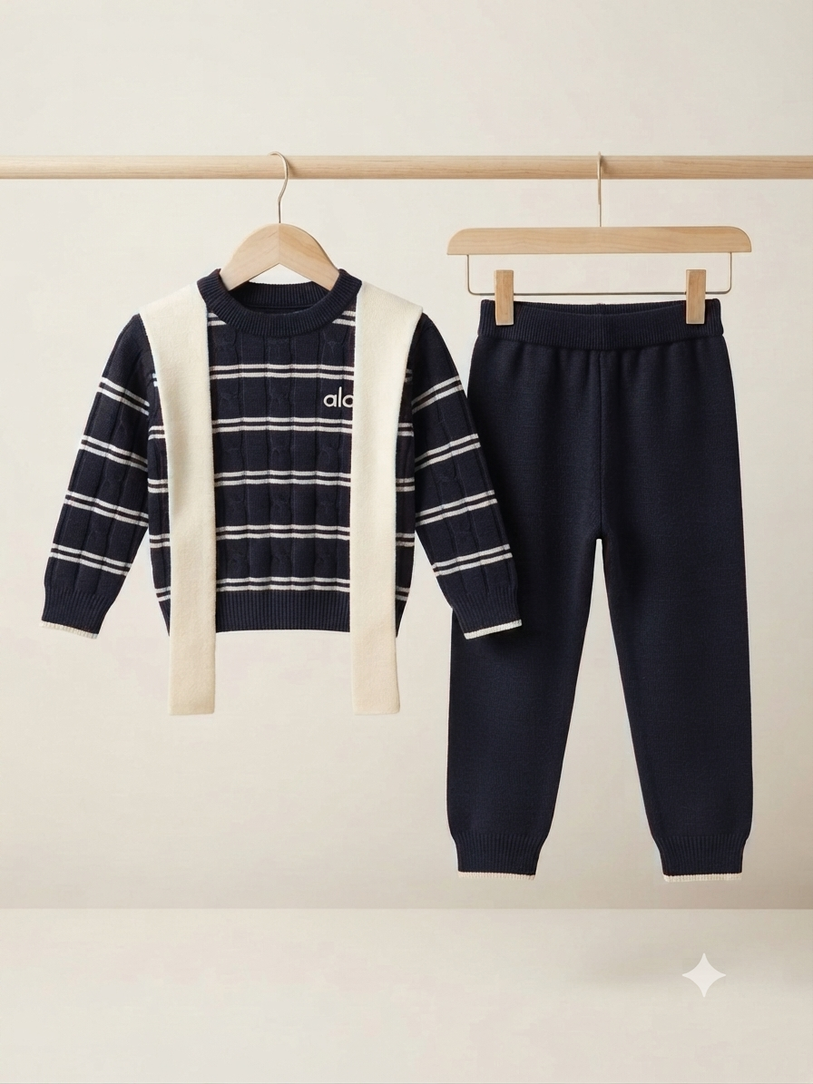 Cozy Knit Striped Sweater And Matching Jogger Pants Outfit Set For Casual Winter Wear