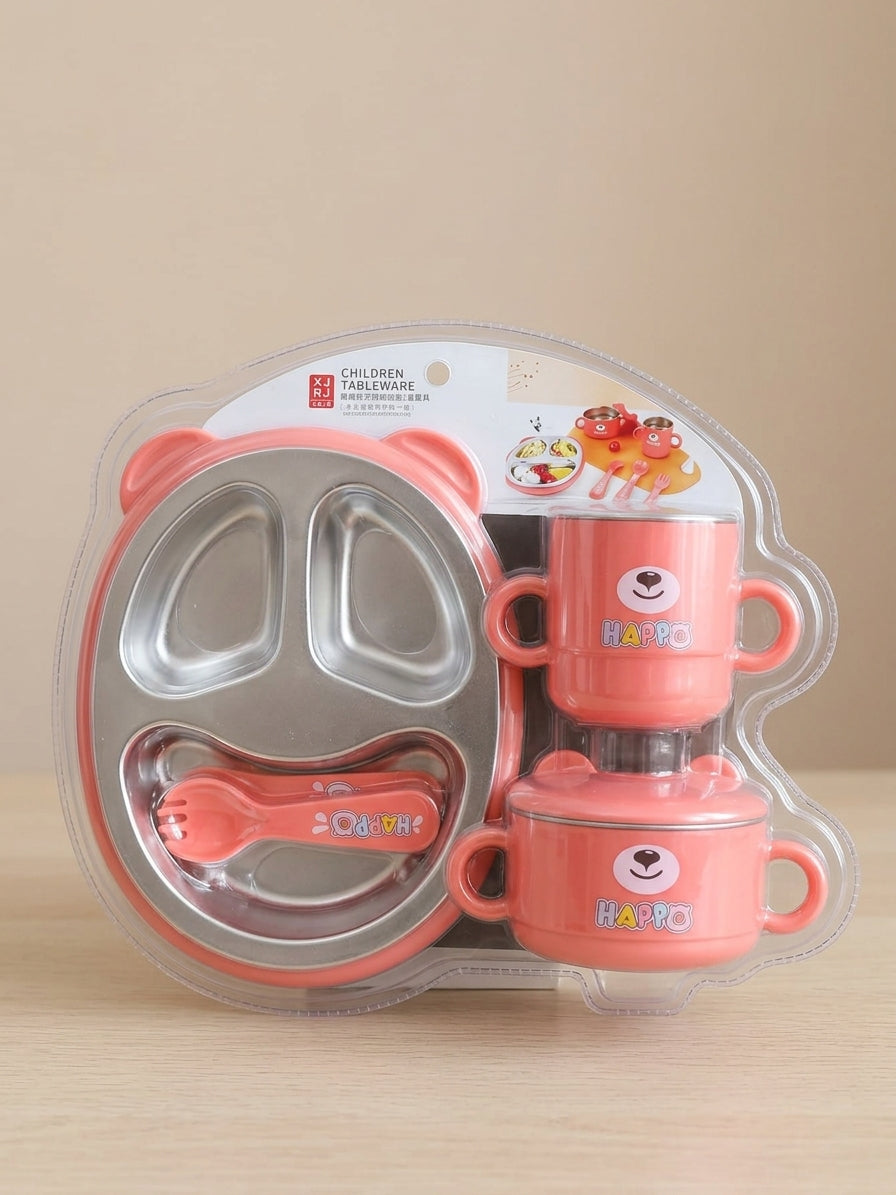 Kids Cute Teddy Bear Compartment Feeding Set Plate Bowl Cup Spoon Fork Set