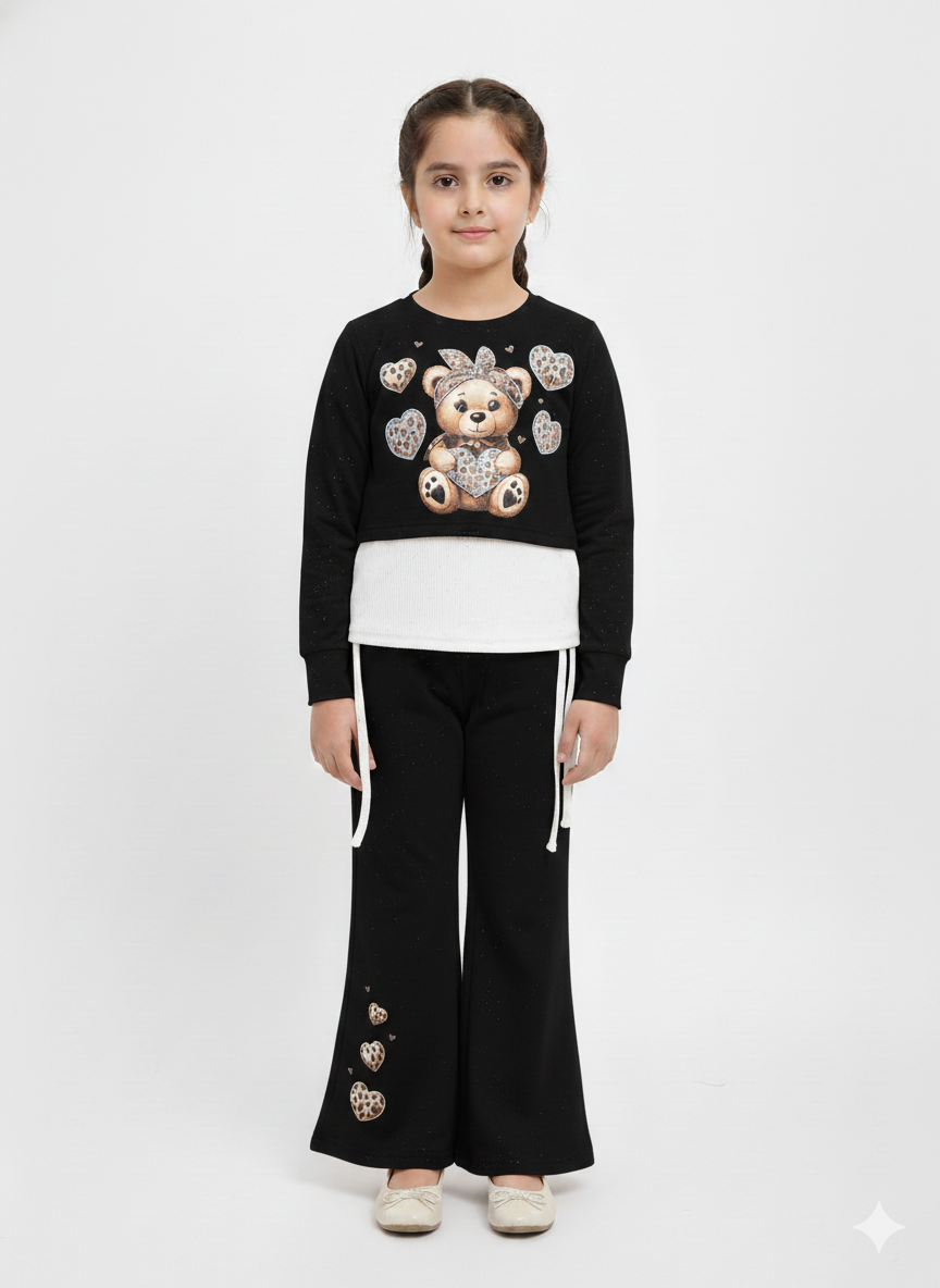 Girls' 3-Piece Leopard Heart Teddy Bear Crop Sweatshirt and Wide-Leg Flare Pant Set
