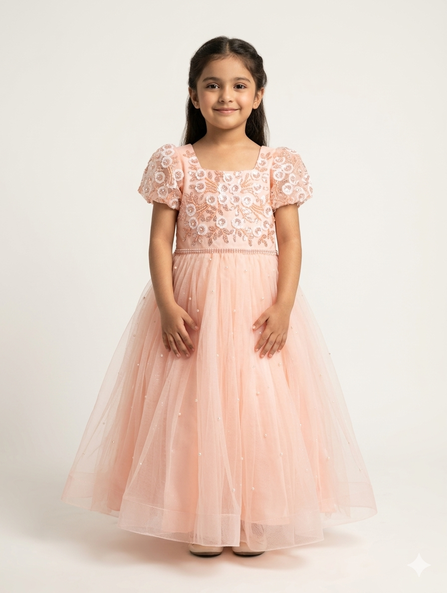 Elegant Girls Tulle Floral Applique Ball Gown – Perfect for Weddings, Parties, and Special Occasions