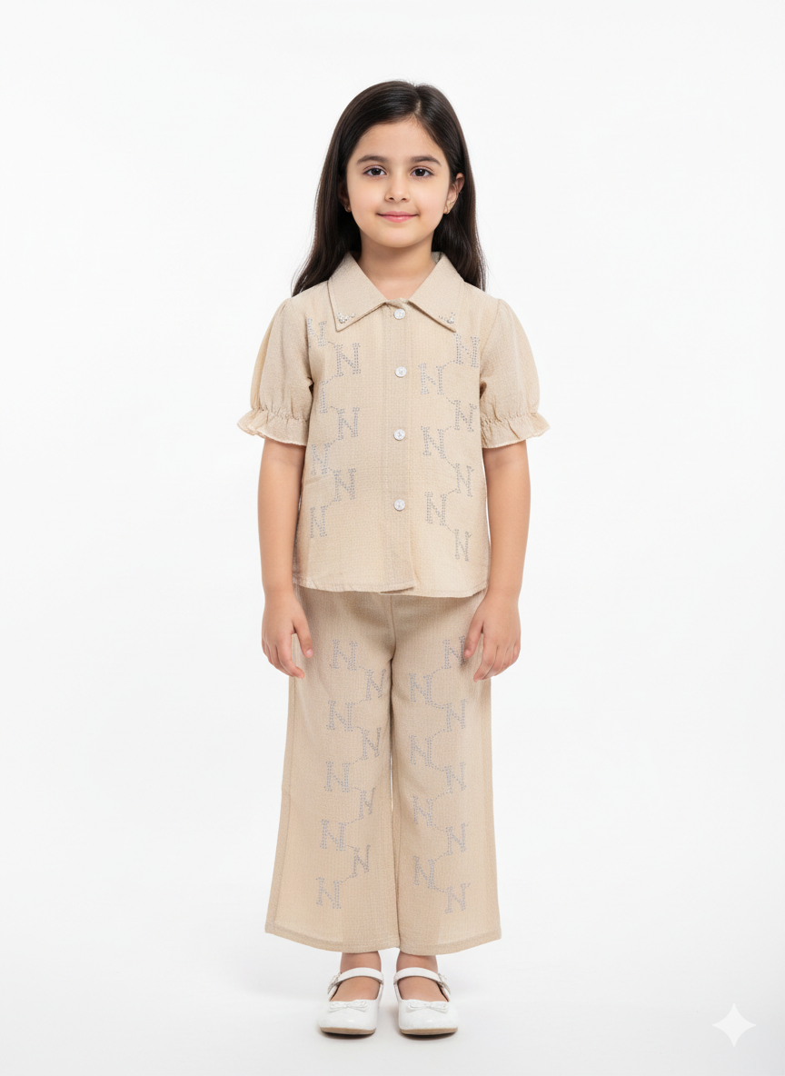 Elegant Monogrammed Button-Down Shirt and Wide-Leg Trouser Two-Piece Set for Stylish Young Girls