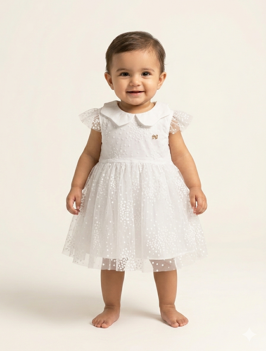 Elegant Toddler Girls' Ruffle Sleeve Party Dress with Peter Pan Collar and Tulle Overlay