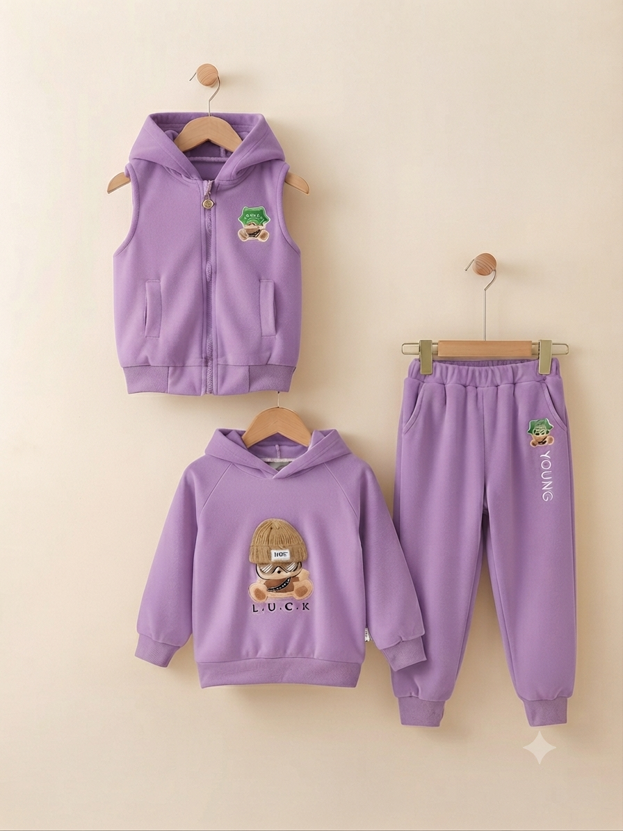 In 3-Piece Kids Winter Fleece Outfit Set With Hoodie Vest And Sweatpants
