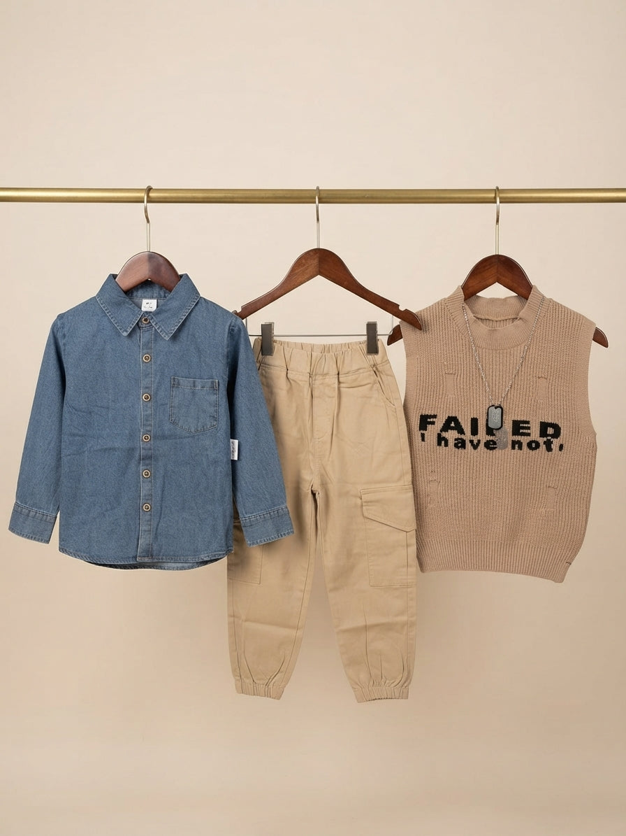 Stylish Boys Sleeveless Hoodie Khaki Cargo Pant And Blue Denim Shirt Outfit Set