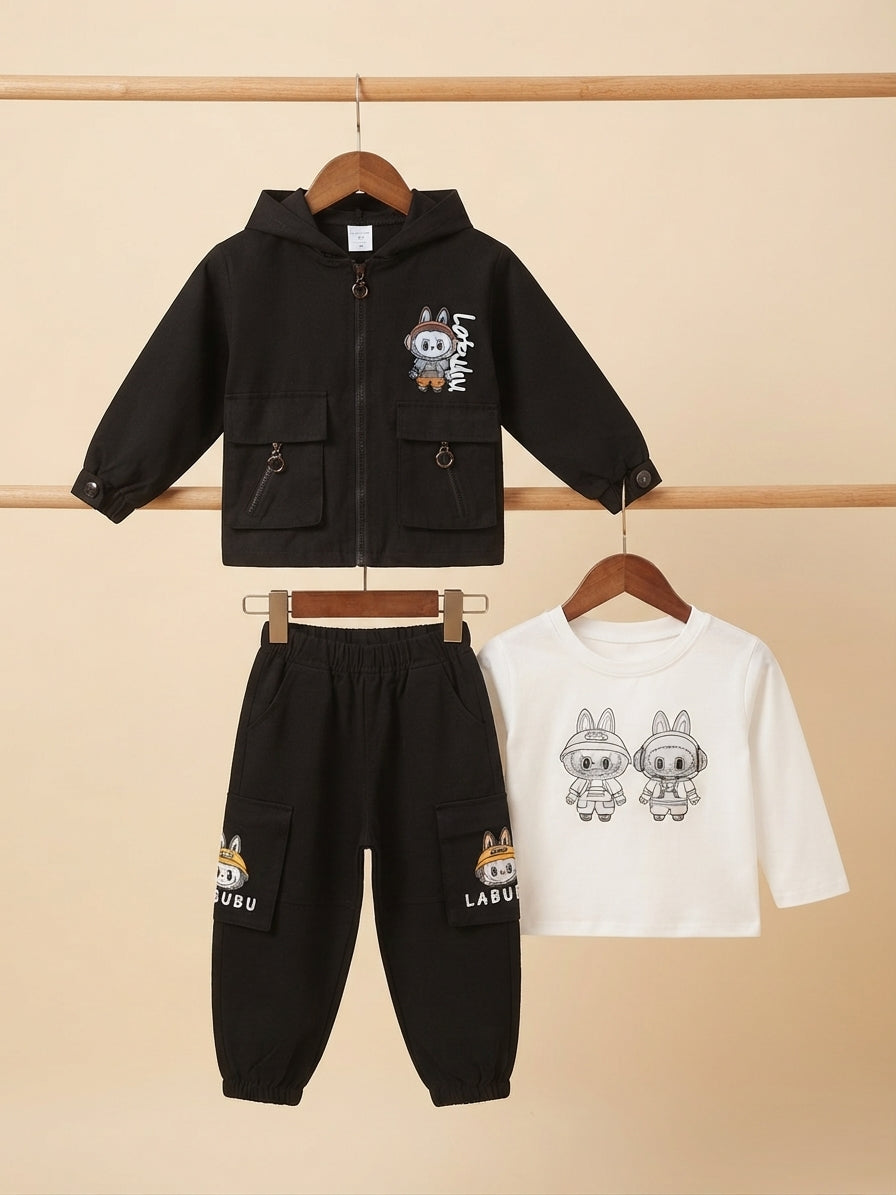 Stylish Kids 3-Piece Outfit Set Featuring Graphic Hoodie, T-Shirt, and Cargo Pants