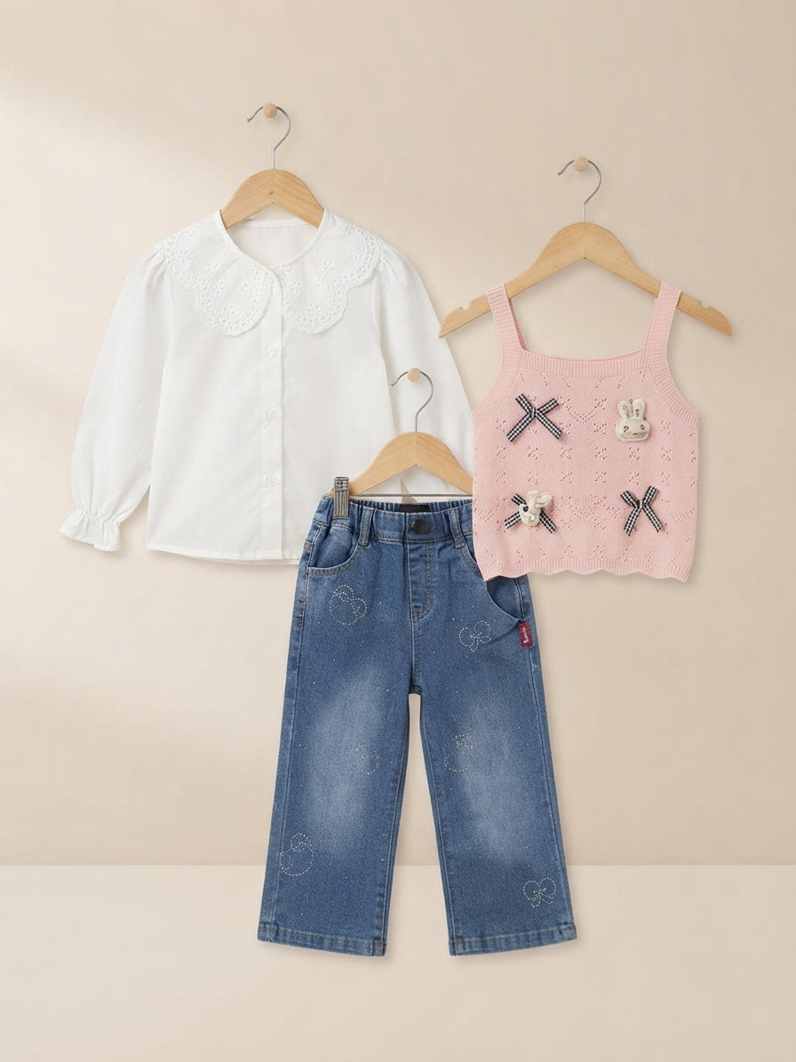Stylish Baby Girls White Shirt And Knit Tank Top With Denim Jeans Outfit Set