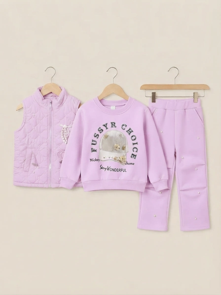 Girls Stylish 3-Piece Winter Outfit Set Featuring Quilted Vest Sweatshirt And Matching Trousers