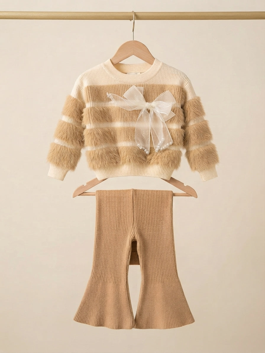 Cute Baby Girls Striped Furry Sweater And Flared Trouser Winter Outfit Set