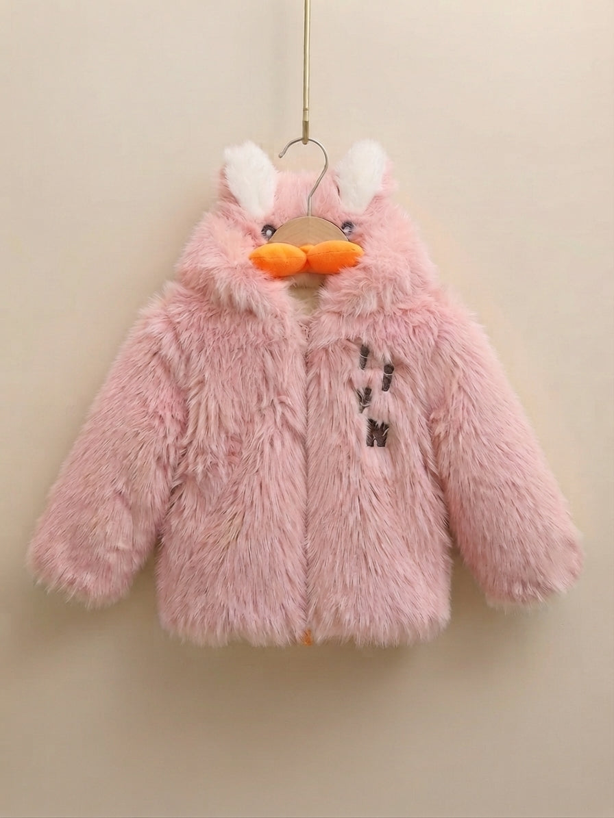 Cute Kids Bunny Ear Hooded Faux Fur Jacket Soft Winter Warm Outerwear Coat