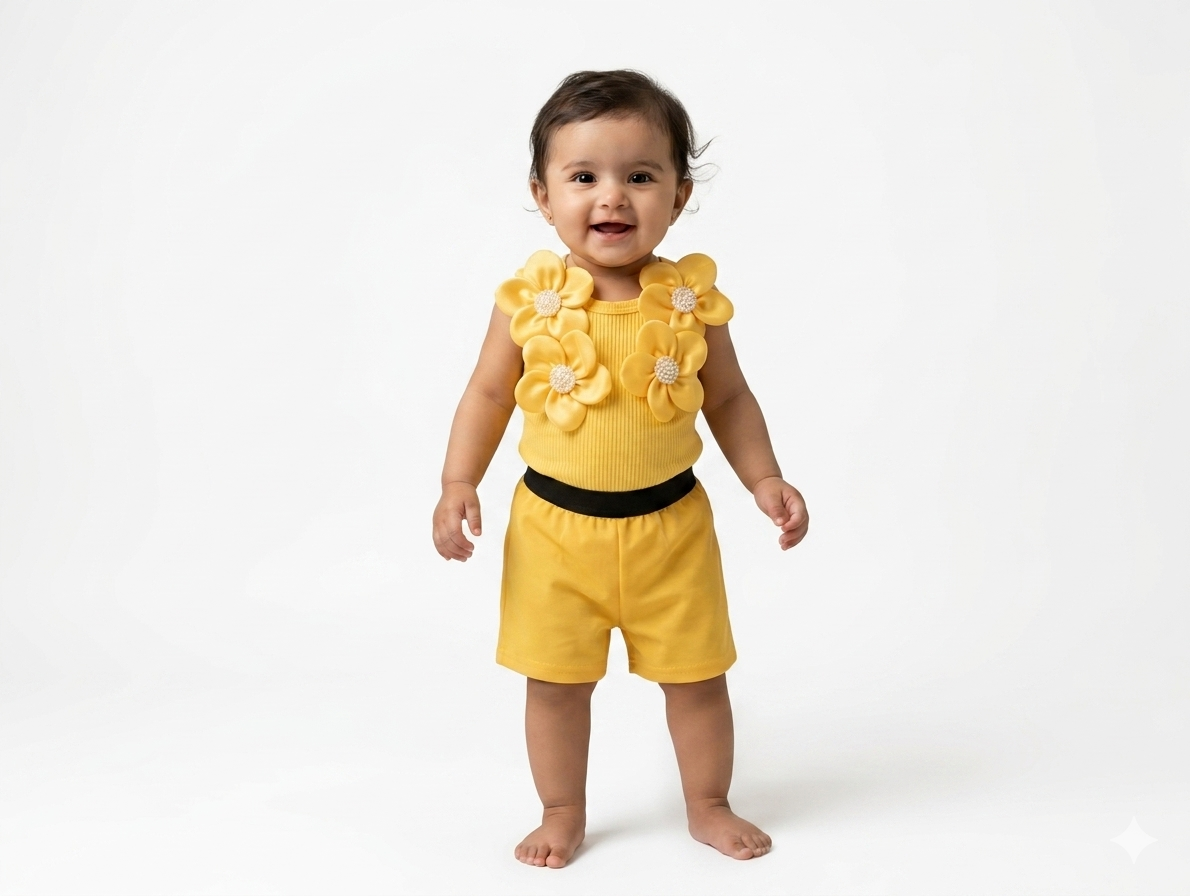 Adorable Baby Girls' Floral Applique Ribbed Tank Top and Shorts Summer Set in Two Colors