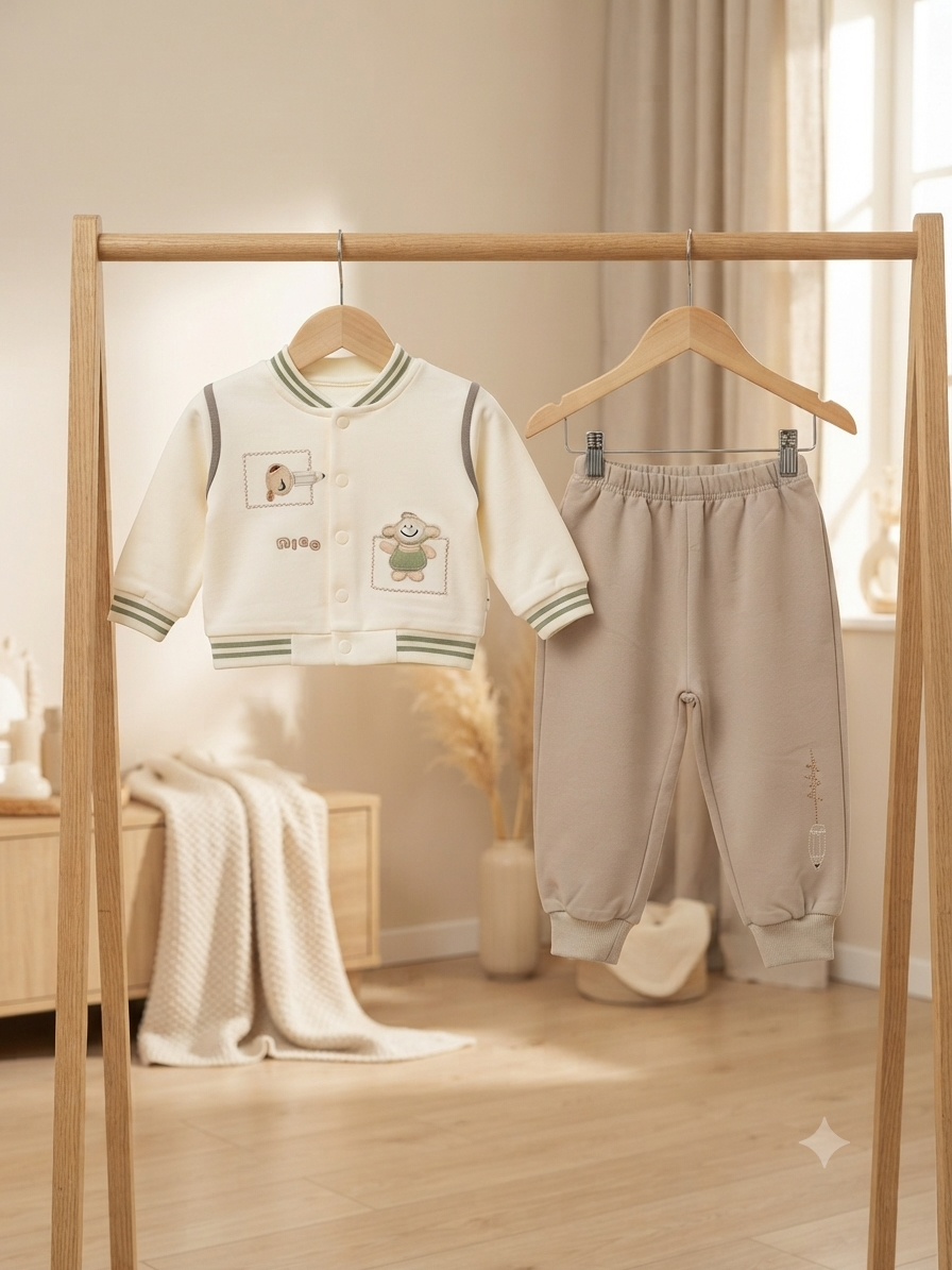 Cute Kids Winter Jacket And Full Length Trouser Set With Matching Striped Ribbing