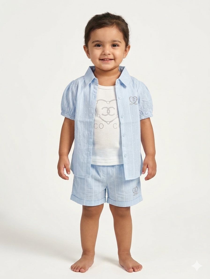 Toddler Girls' Three-Piece Cotton Shirt and Shorts Set in Pastel Pink and Sky Blue