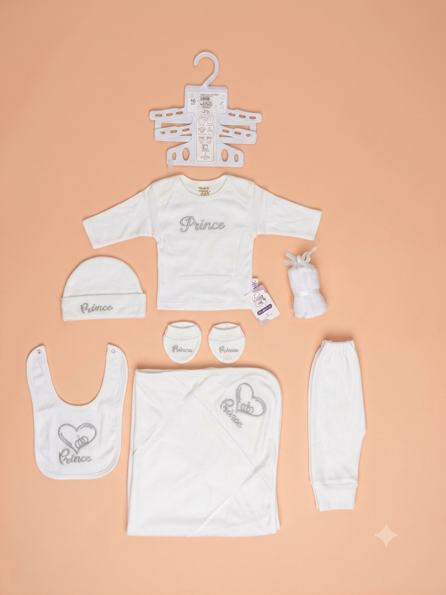 Premium White Prince Embroidery 10 Pieces Baby Gift Set Complete Clothing Collection for Newborn Boys Infants