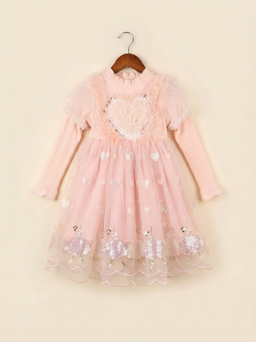 Elegant Winter Sequins Bow Long Sleeve Mesh Party Dress For Cute Little Girls
