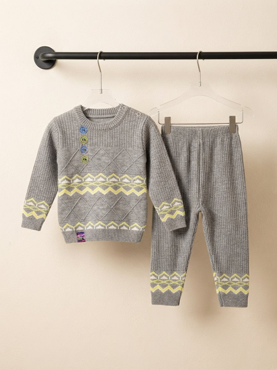 Chic Grey Knit Patchwork Sweater And Trouser Set For Winter Kids Fashion