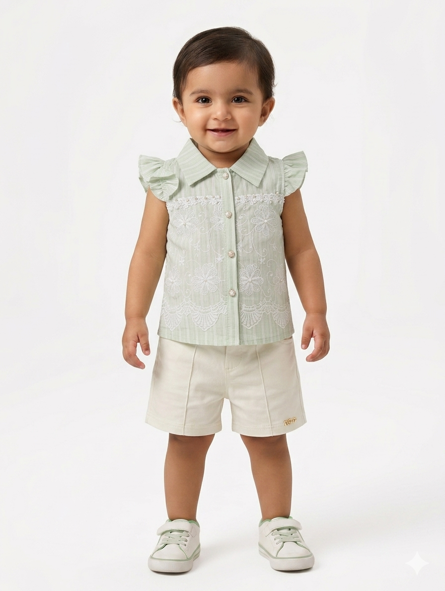 Toddler Girl Floral Lace Embroidery Ruffle Sleeve Shirt and Coordinating Shorts Two-Piece Summer Set