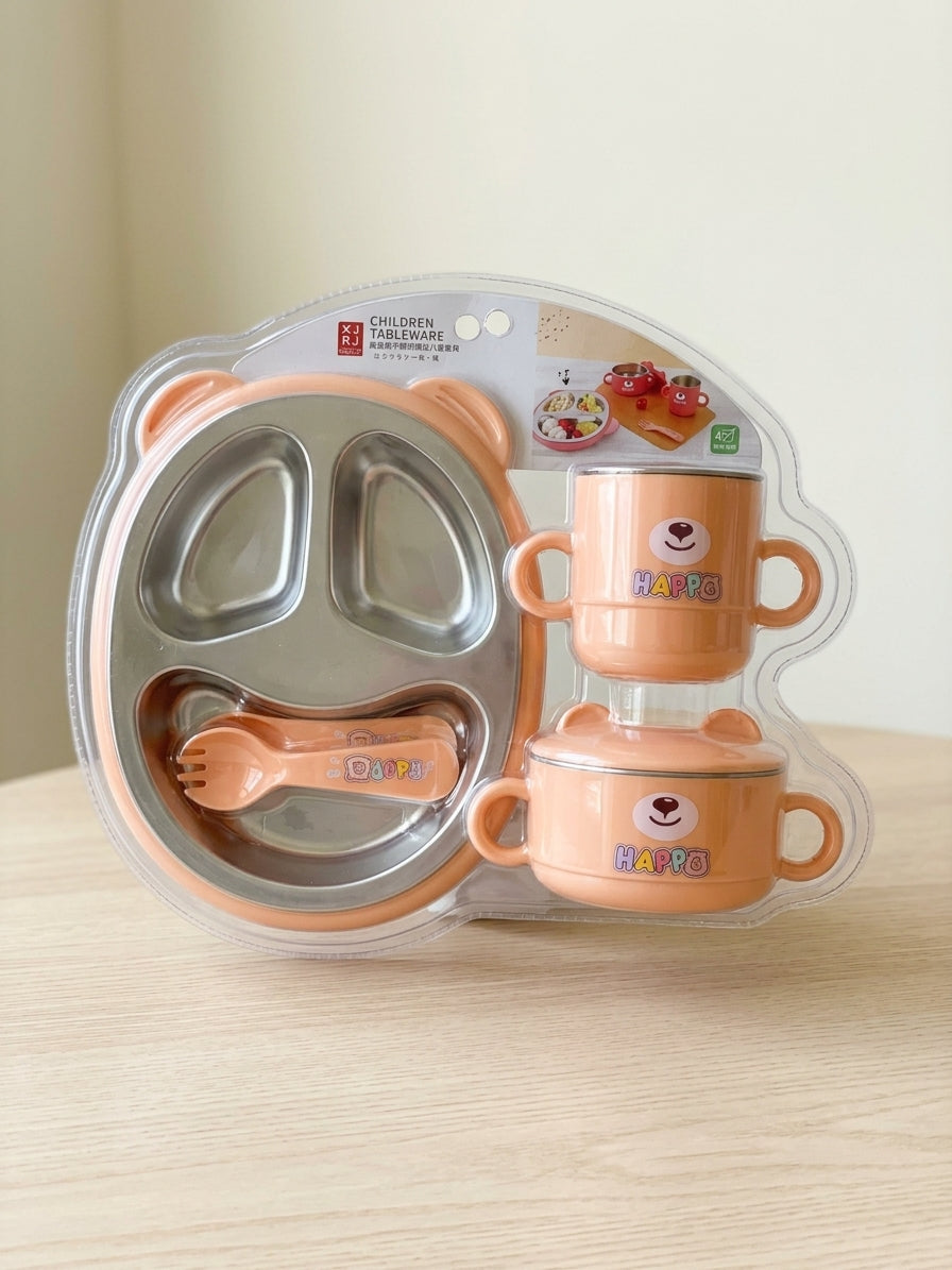 Kids Cute Teddy Bear Compartment Feeding Set Plate Bowl Cup Spoon Fork Set
