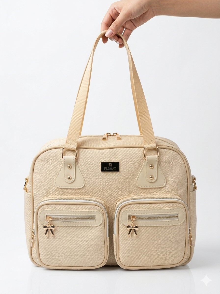 Premium Bow Charm Multi Pocket Women Handbag Durable Stylish Travel Diaper Bag Tote Set