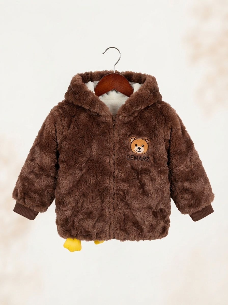 Cute Fluffy Faux Fur Hooded Kids Winter Jacket With Playful Bottom Duck Feet