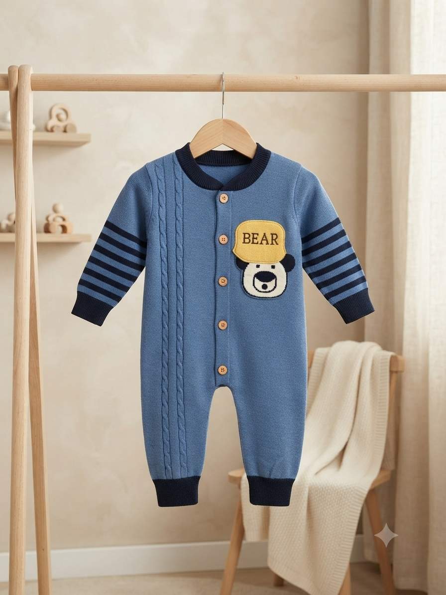 Cute Baby Knitted Romper Featuring Bear Graphic Stripe Sleeves And Front Button Closure