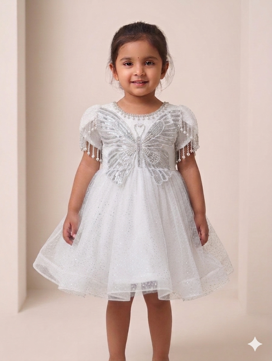 Girls Sequin Butterfly Applique Tulle Party Dress with Pearl Fringe Sleeves and Glitter Finish