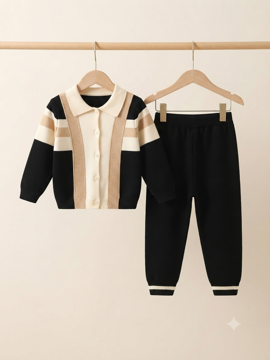 Kids Fashion Knitwear Colorblock Cardigan And Full Length Trouser Matching Winter Outfit Set
