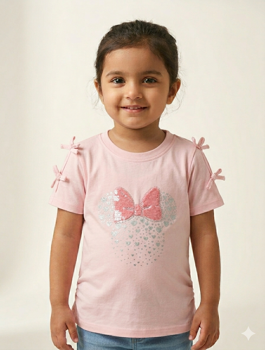 Girls Sweet Ribbon Sleeve Tee with Sequin Heart and Bow Graphic Short Sleeve Cotton Top
