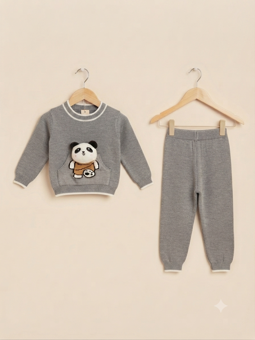 Kids Brown Knit Sweater And Full Length Trousers Set With Cute Panda Pocket Design
