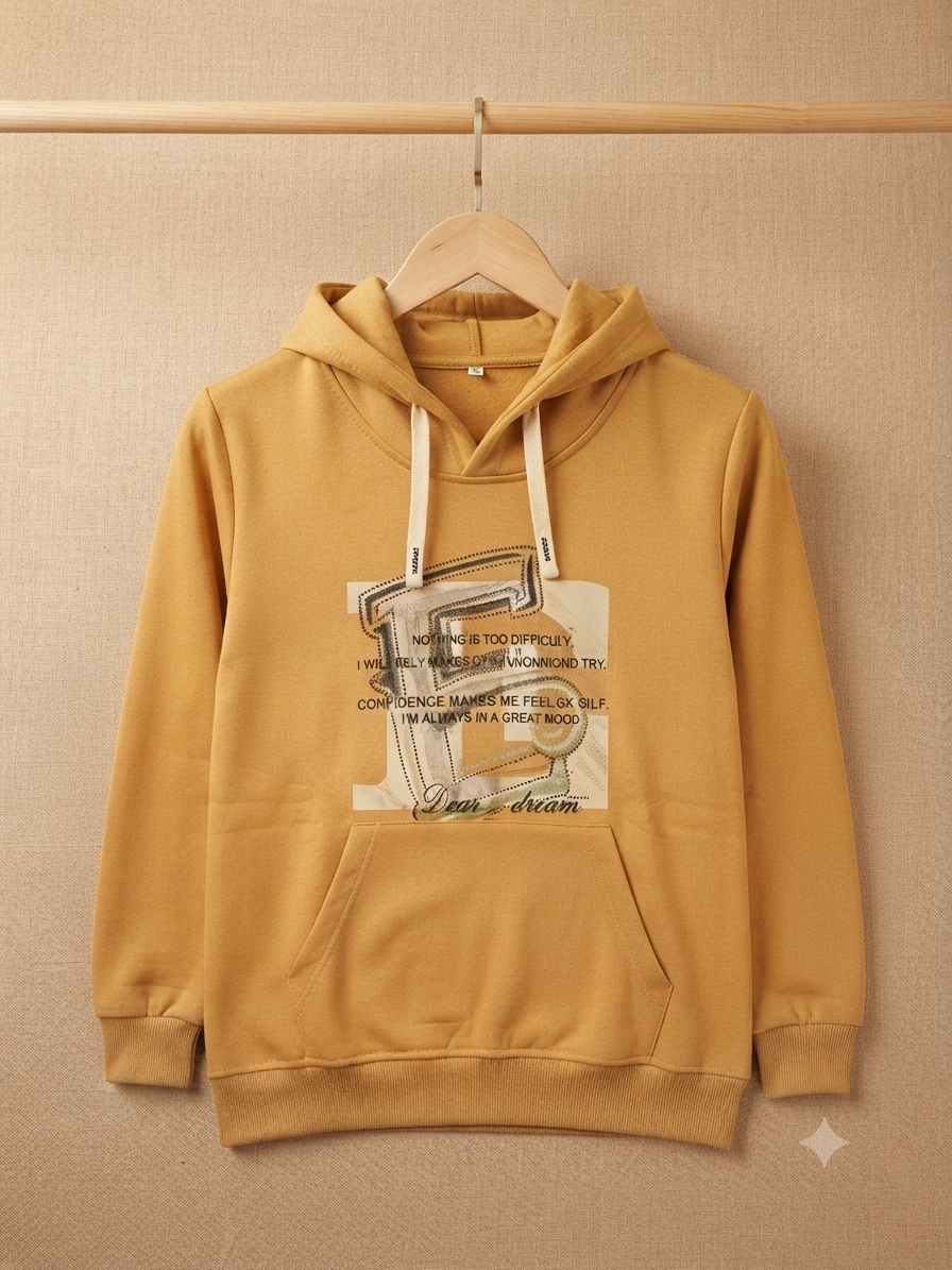 Kids Stylish Graphic Printed Fleece Winter Hoodie With Front Pocket And Adjustable Drawstrings