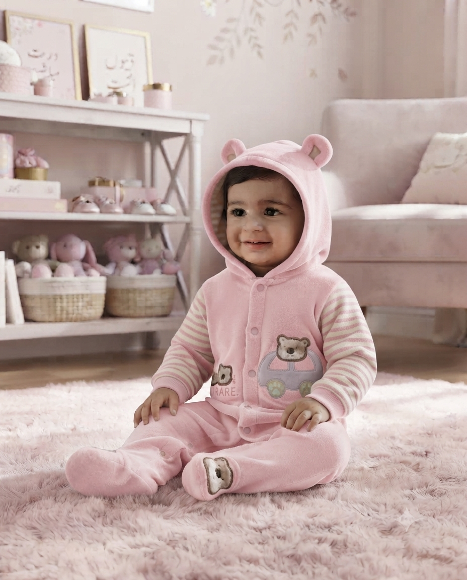 Cute Baby Fleece Romper with Hood and Cute Applique