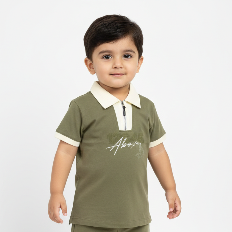 Toddler Boys' Half-Zip Polo Shirt with Modern "Above" Graphic and Contrast Color-Block Detail