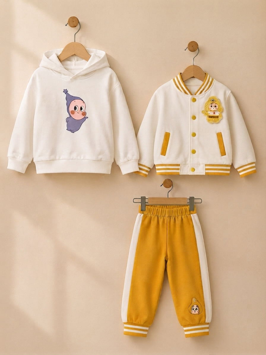 Stylish Boys Three Piece Winter Outfit Featuring Printed Hoodie Matching Trouser And Bomber Jacket