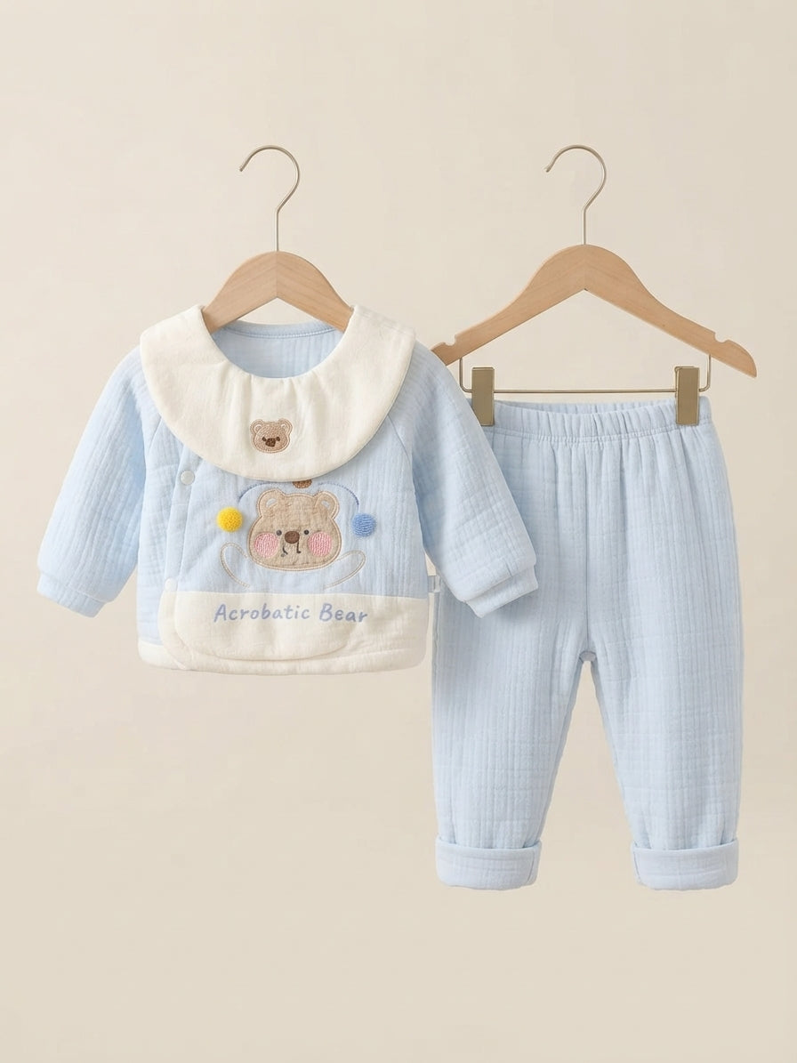 Acrobatic Bear Winter Quilted Cotton Shirt And Trouser Set For Baby Boys And Girls