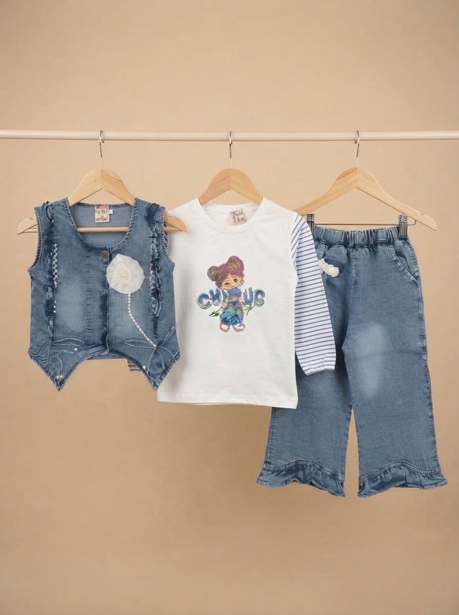 Stylish Girls 3-Piece Denim Outfit Set Featuring a Vest, Striped Shirt, and Jeans