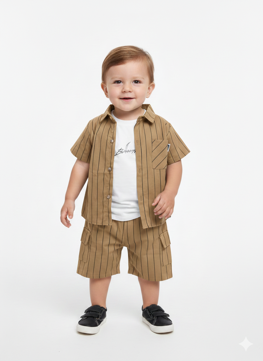 Toddler Boys' 3-Piece Vertical Striped Shirt and Cargo Shorts Set with Graphic Tee