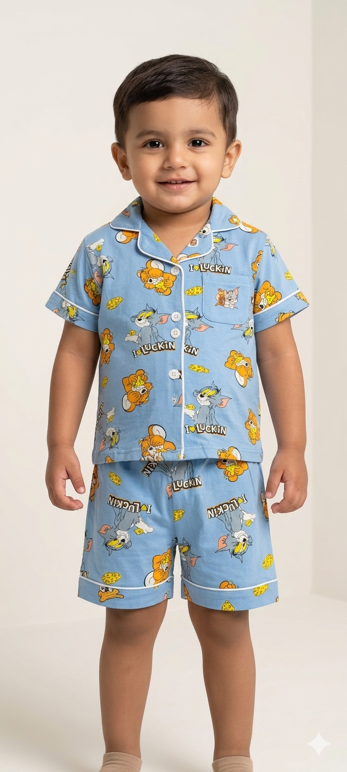 Toddler Boy Light Blue Two-Piece Cartoon Character Pajama Set with Short Sleeves and Shorts