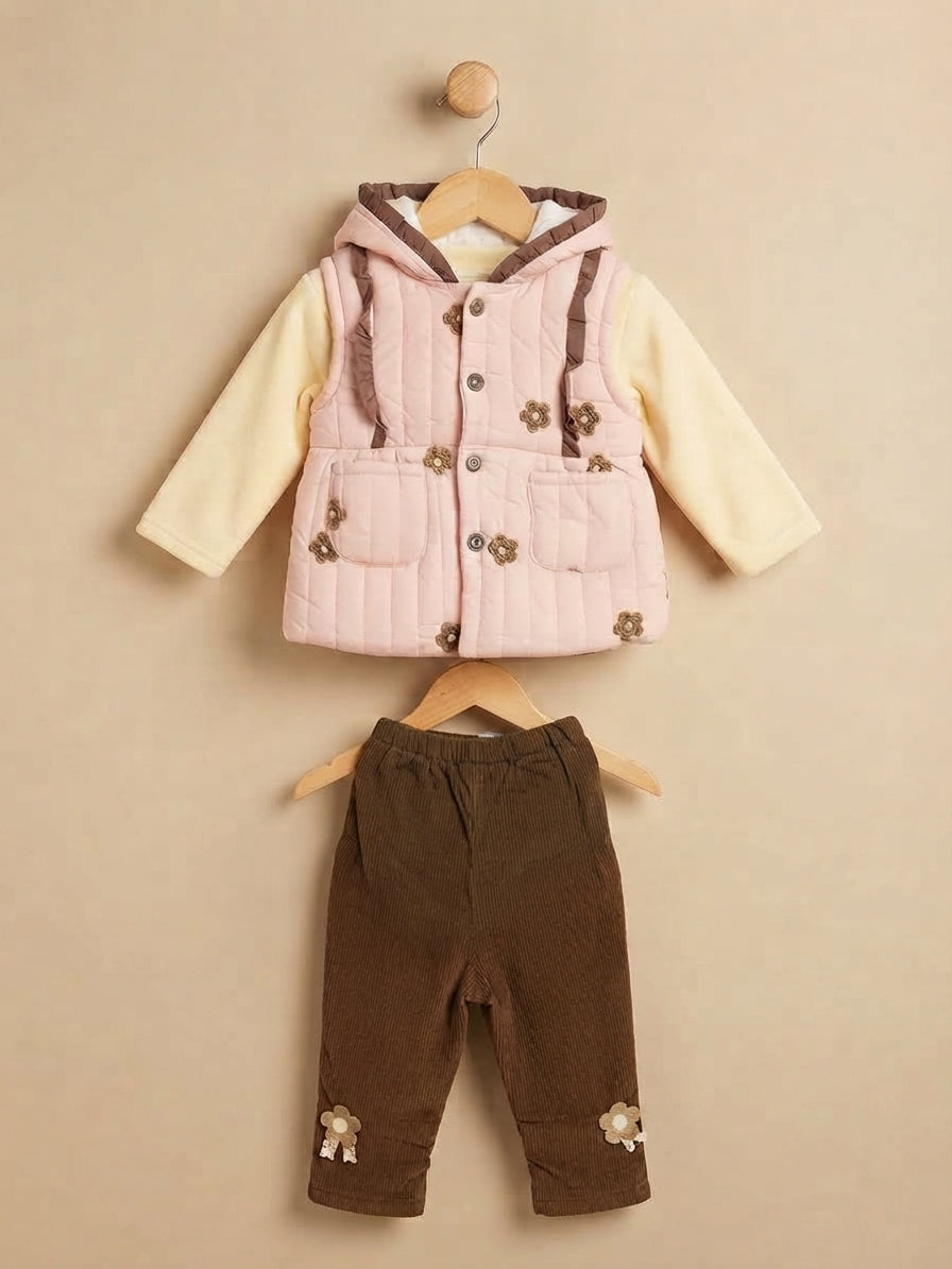 Cute Kids Floral Print Winter Outfit Set with Hooded Jacket and Matching Pants