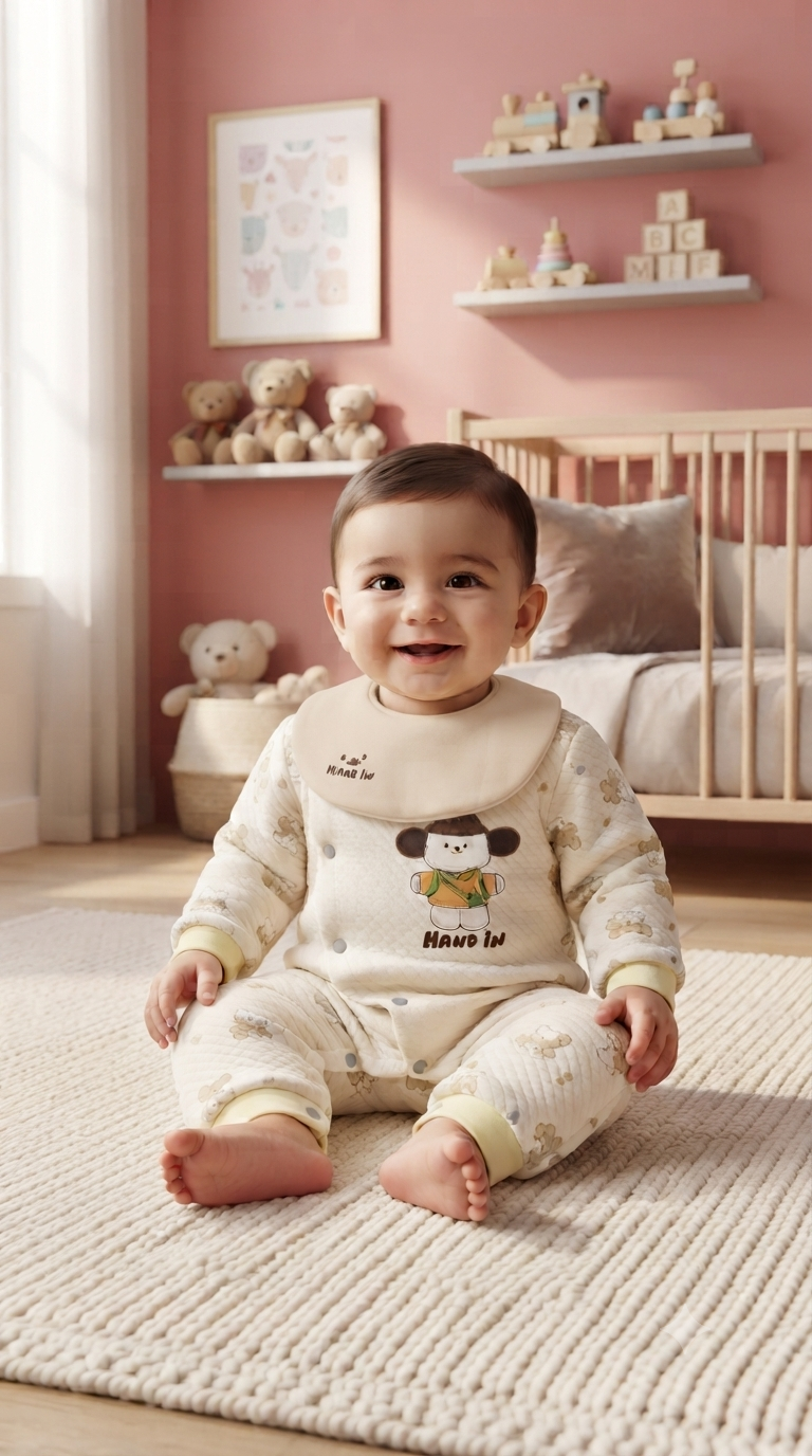 Soft Quilted Baby Romper With Matching Bib Cute Cartoon Print For Newborns