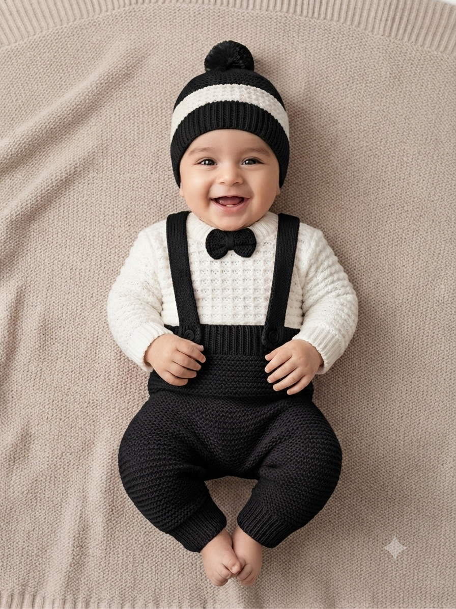 Cute baby knitwear outfit set with long-sleeve sweater, overalls, and matching beanie hat.
