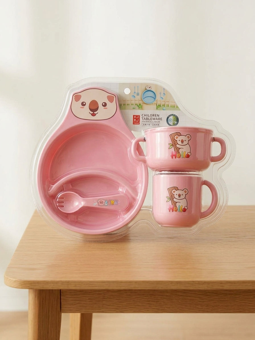 Kids Stainless Steel Compartment Feeding Set Cute Koala Plate Bowl Cup Spoon Set
