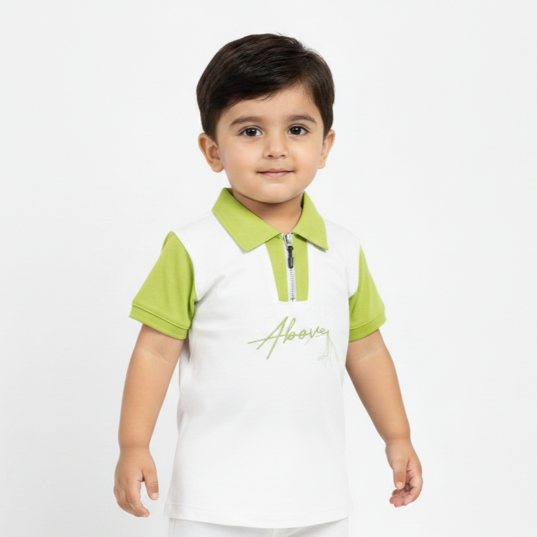 Toddler Boys' Half-Zip Polo Shirt with Modern "Above" Graphic and Contrast Color-Block Detail