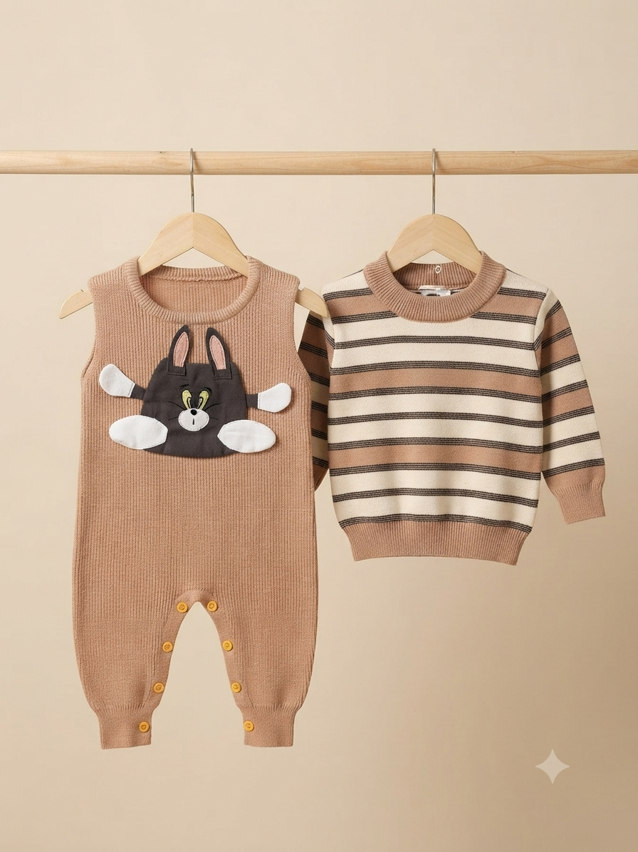 Baby Girls Cute Cartoon Character Knitted Romper And Striped Sweater Winter Outfit Set