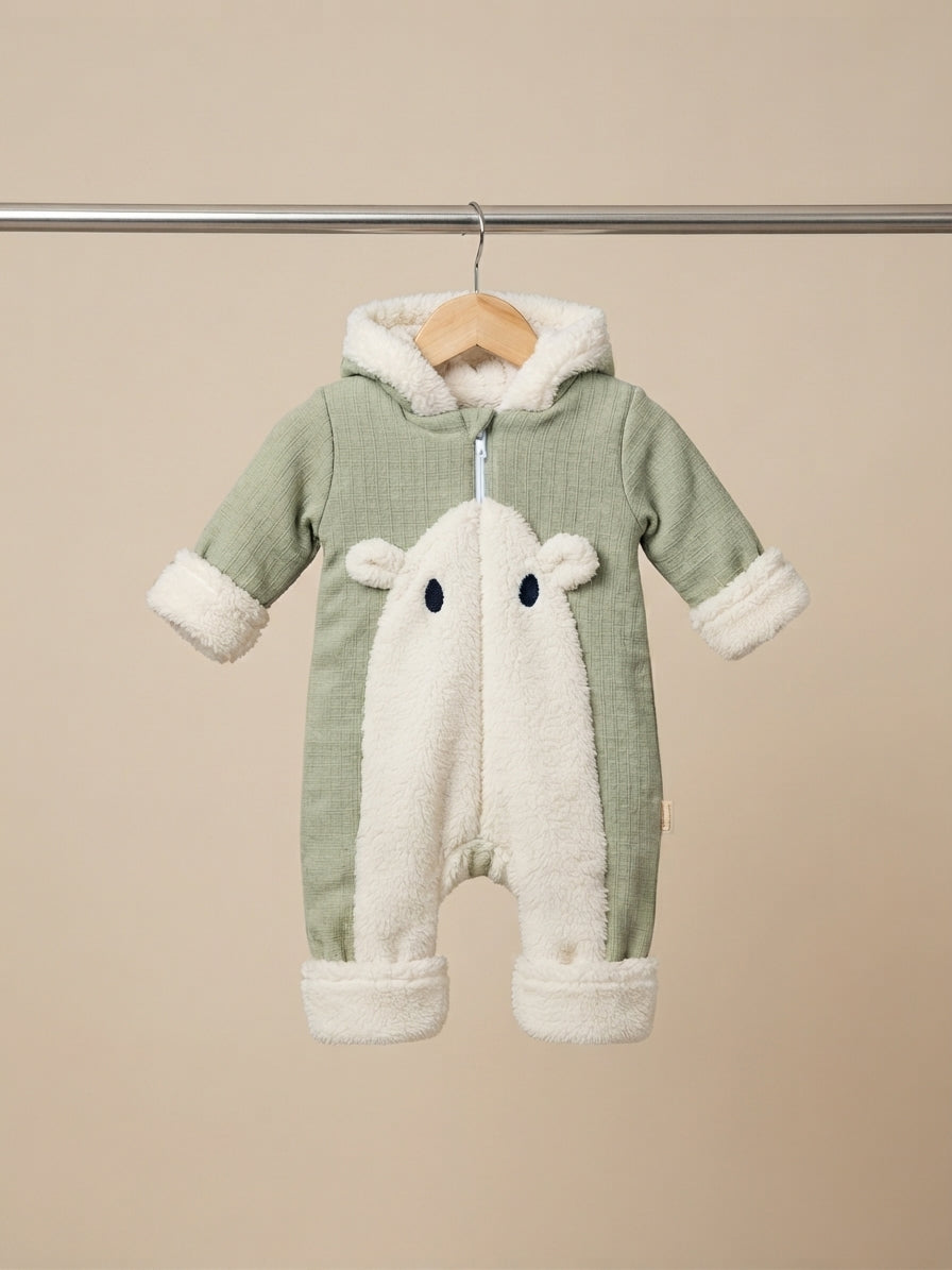Baby Hooded Sherpa Romper With Cute Bear Panel And Front Zipper
